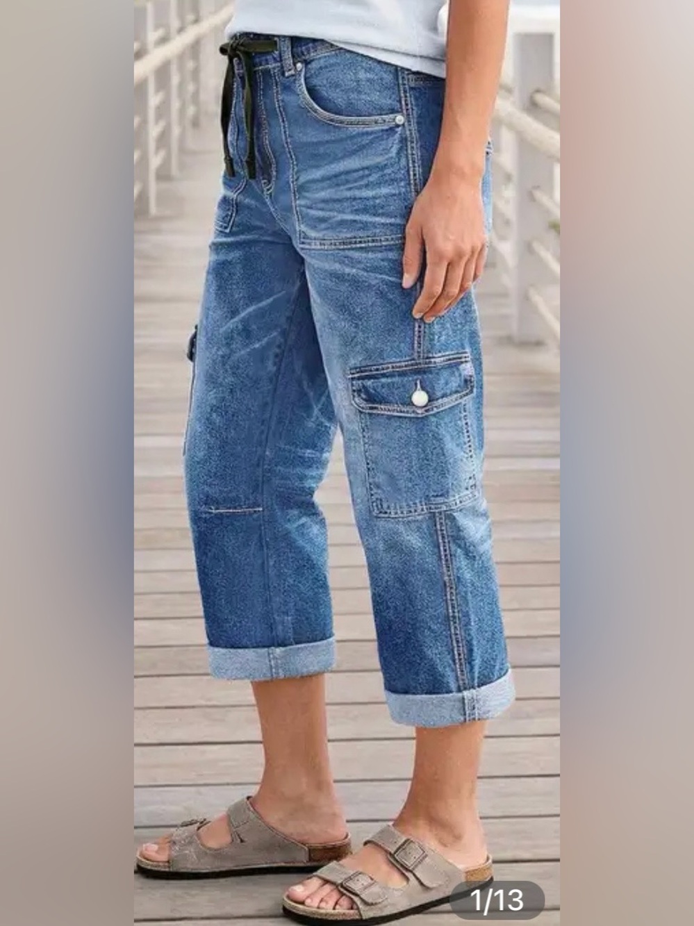 Flamingals Wash Flap Pocket Roll Hem Drawstring Mid Rise Barrel Leg Capri Jeans